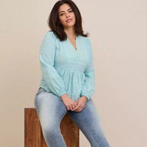 Torrid Size 3 Clip Dot Mixed Eyelet Yoke Cotton Long Sleeve Top- Canal Blue